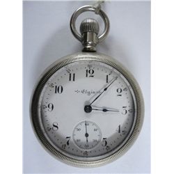 ELGIN OPEN FACE POCKET WATCH w/ SILVEROID CASE, WORKS