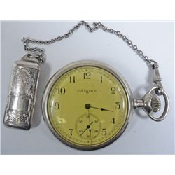 ELGIN OPEN FACE POCKET WATCH W / CHAIN, RUNS