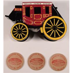 CAST IRON BANK, WELLS FARGO STAGE  with KEY plus 3-1961 WOODEN NICKELS