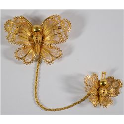 Gold Filigree Double Butterfly Brooch 9K