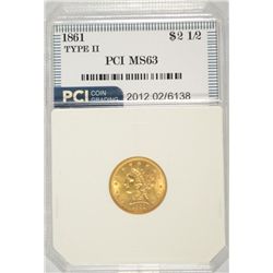 1861 $2.50 TYPE-2 GOLD LIBERTY, PCI MS-63