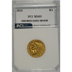 1913  $5.00 INDIAN HEAD GOLD, PCI MS-63