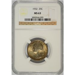 1932 WASHINGTON QUARTER, NGC MS-63  NICE ORIGINAL TONING