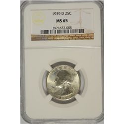 1939-D WASHINGTON QUARTER, NGC  MS-65 GEM