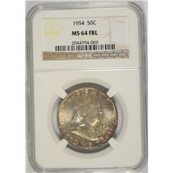 1954 FRANKLIN HALF DOLLAR, NGC MS-64 FBL  NATURAL TONING