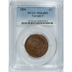 1856 LARGE CENT PCGS 64 BN (UPRIGHT 5)