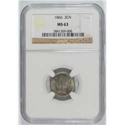 1866 THREE CENT NICKEL NGC MS-63