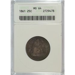 1861 SEATED QUARTER ANACS MS-64