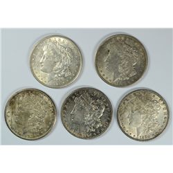 ( 5 ) AU MORGAN SILVER DOLLARS: 1921-P,D & S, 1879 AND 1904