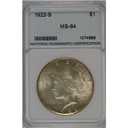 1922-S PEACE SILVER DOLLAR, NNC MS-64