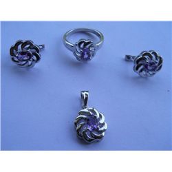 Set of Ring,Earring And Pendant, Stone: Amethyst, Weight : 11.840g, Made In 925 Silver