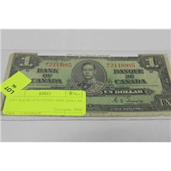 1937 BANK OF CANADA ONE DOLLAR BANKNOTE