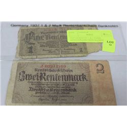 1937 GERMANY 1 & 2 MARK RENTENBANKCHEIN BANKNOTES