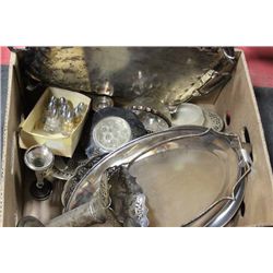 BOX OF ESTATE SILVERPLATED TRAYS ETC