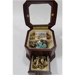 SMALL CHERRY WOOD JEWELLERY BOX W CONTENTS