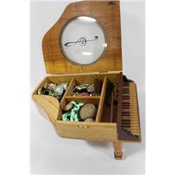 WOOD PIANO JEWELLERY BOX W CONTENTS