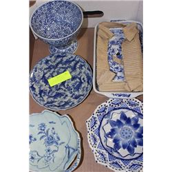 TRAY OF BLUE AND WHITE PORCELAIN DISHSES ETC...