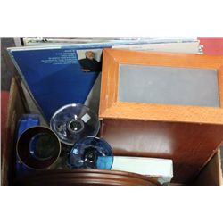 BOX OF MISCELLANEOUS ITEMS RECORDS, GLASS WARE ETC
