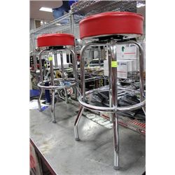 PAIR OF RED AND CHROME SHOP STOOLS