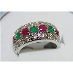 SILVER RED AND GREEN STONE RING