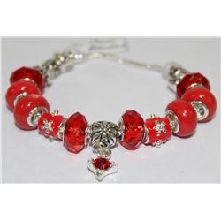 SILVER GLASS CHARM BRACELET RED