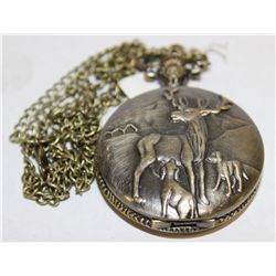 POCKET WATCH BRONZE & CHAIN DEER & DOGS QUARTZ