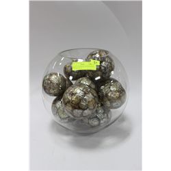 LARGE  GLASS BOWL WITH MOTHER OF PEARL BALLS
