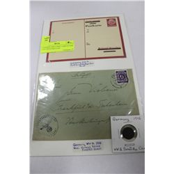 GERMANY WW-2 POST CARD COVER & NAZI SWAZTIKA COIN