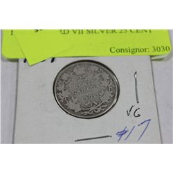 1909 EDWARD VII SILVER 25 CENT COIN