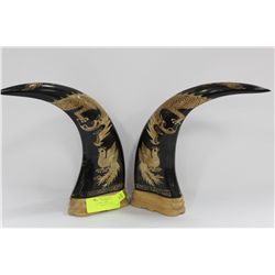 PAIR OF ORIENTAL CARVED HORNS