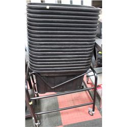 STACK OF 19 PLASTIC STORAGE TOTES W TOTE  CART
