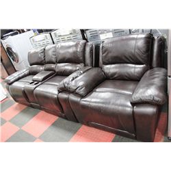 BROWN LEATHERETTE CONSOLE LOVE SEAT W RECLINING