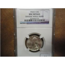 1964-D WASHINGTON SILVER QUARTER NGC UNC DETAILS