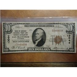 1929 TYPE I $10 NATIONAL CURRENCY BANK OF AMERICA