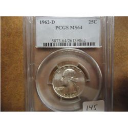 1962-D WASHINGTON SILVER QUARTER PCGS MS64