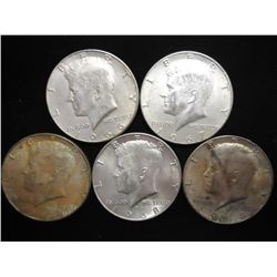 5 ASSORTED 40% SILVER KENNEDY HALF DOLLARS