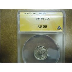 1945-S MERCURY DIME ANACS AU55