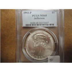 1993-P JEFFERSON COMMEMORATIVE SILVER DOLLAR PCGS