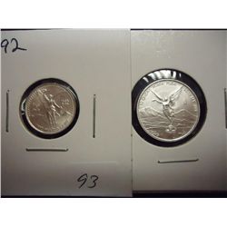2-MEXICAN SILVER LIBERTADS UNC 2013 1/10 OZ. 1992