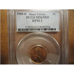 1955-D MINOR VARIETY RPM-2 LINCOLN CENT PCGS MS65