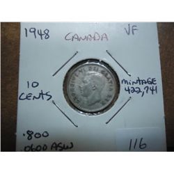 1948 CANADA SILVER 10 CENTS VERY FINE