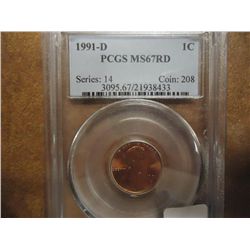 1991-D LINCOLN CENT PCGS MS67RD