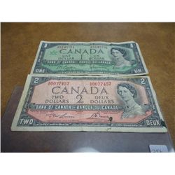 CANADA 1967 $1 AND 1954 $2 BILLS