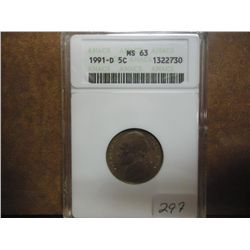 1991-D JEFFERSON NICKEL ANACS MS63
