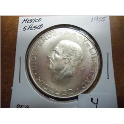 1955 MEXICO SILVER 5 PESOS .4178 OZ. ASW