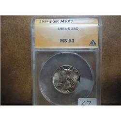 1954-S WASHINGTON SILVER QUARTER ANACS MS63