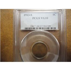 1913-S LINCOLN CENT PCGS VG10 SEMI KEY