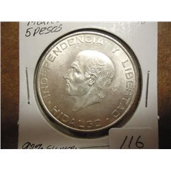 1956 MEXICO SILVER 5 PESOS UNC .4178 OZ. ASW