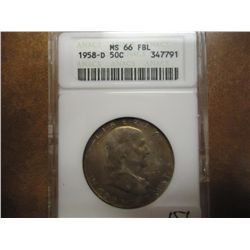 1958-D FRANKLIN HALF DOLLAR ANACS MS66FBL TONED