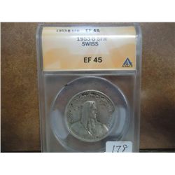 1953-B SWISS SILVER 5 FRANC ANACS (EF45)